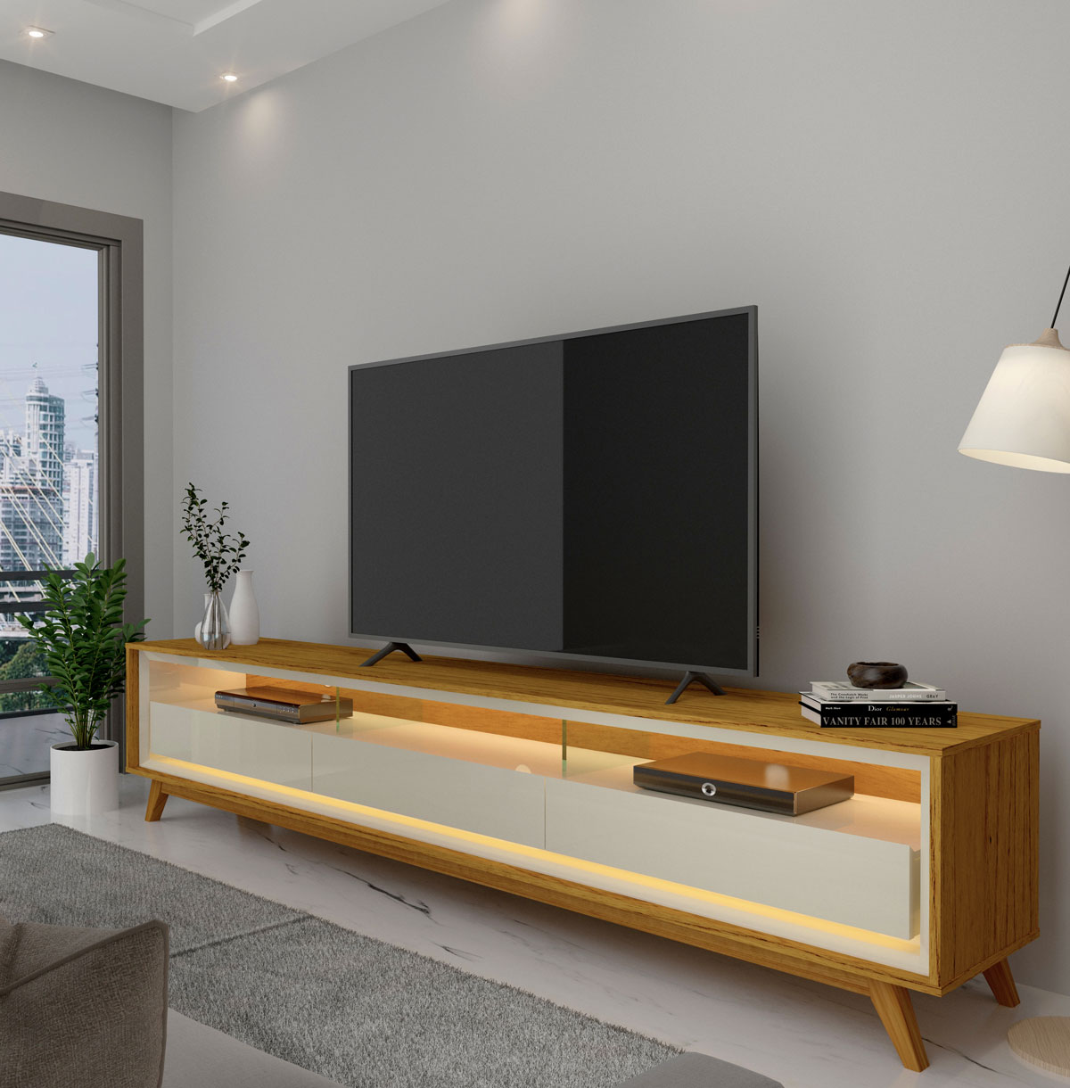 Rack para TV 2.2 Retrô com LED Requinte Naturale com Off White - Gelius Móveis