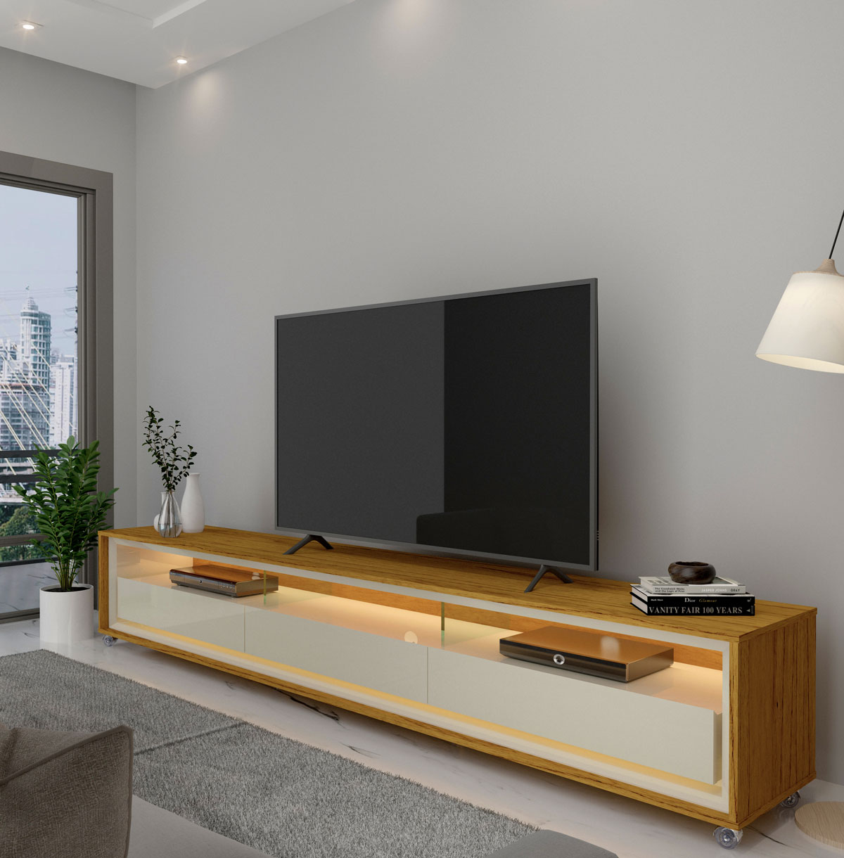 Rack para TV 2.2 com LED Requinte Naturale com Off White - Gelius Móveis