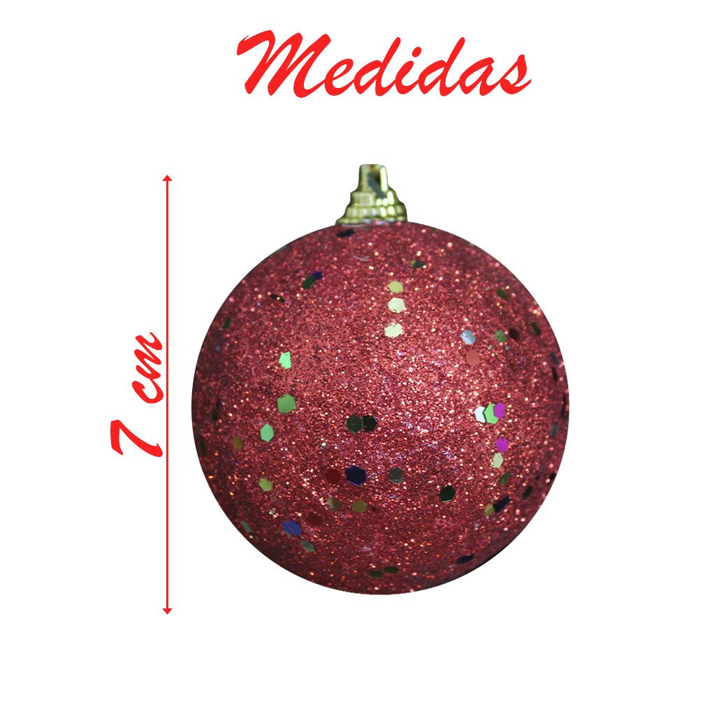 60 Bolas Enfeite Natalino Árvore Natal Vermelho Glitter 70mm