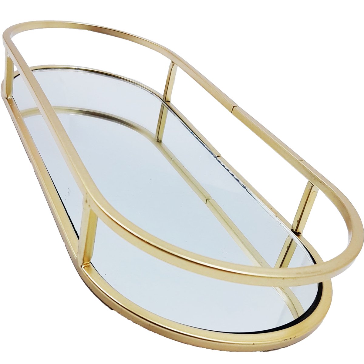 Bandeja Espelhada Oval Metal Dourado Lavabo Multiuso 30x12cm