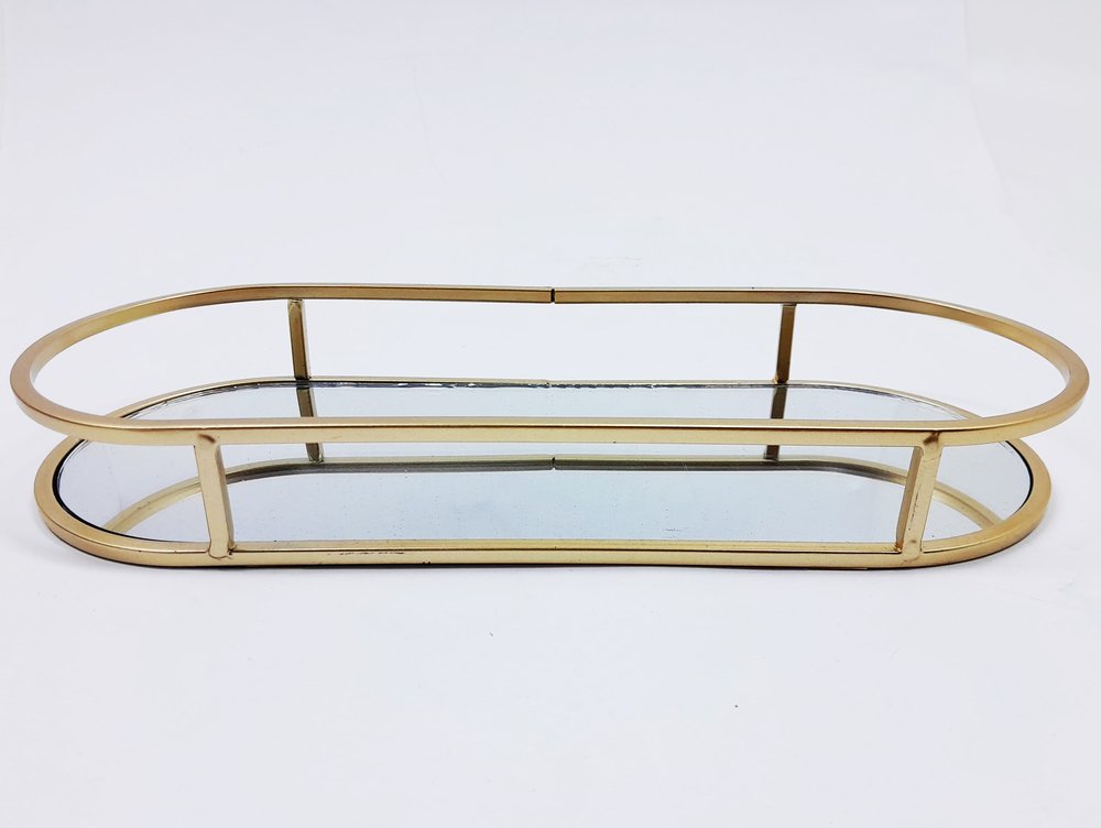 Bandeja Espelhada Oval Metal Dourado Lavabo Multiuso 30x12cm