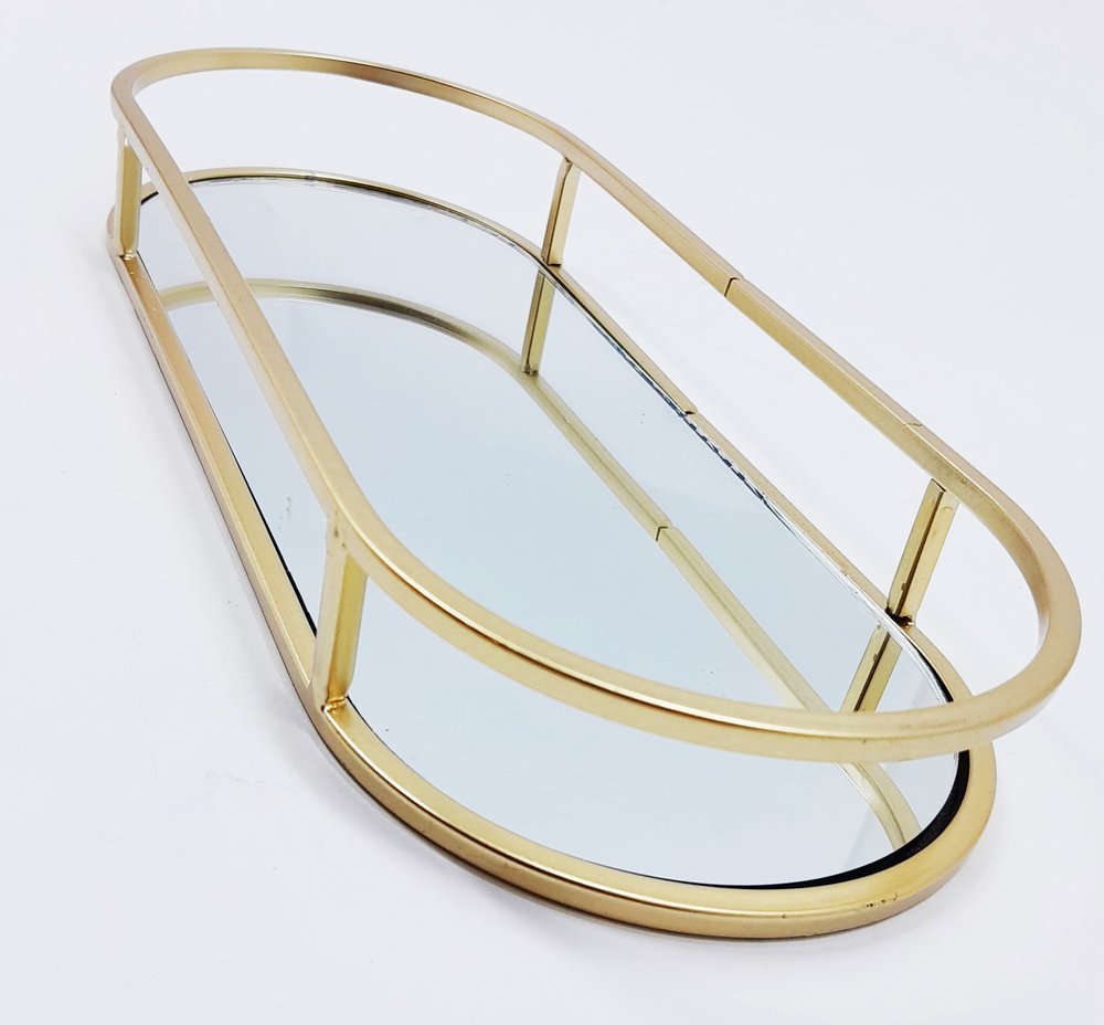 Bandeja Espelhada Oval Metal Dourado Lavabo Multiuso 30x12cm