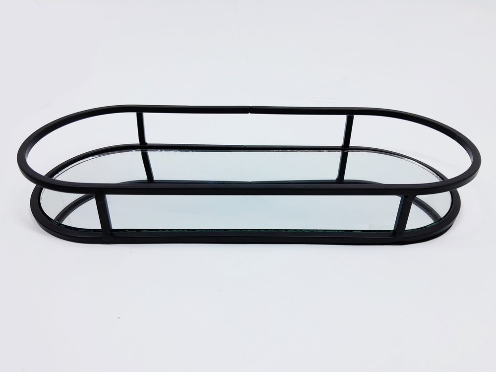 Bandeja Espelhada Oval Metal Preto Lavabo Multiuso 30x12cm