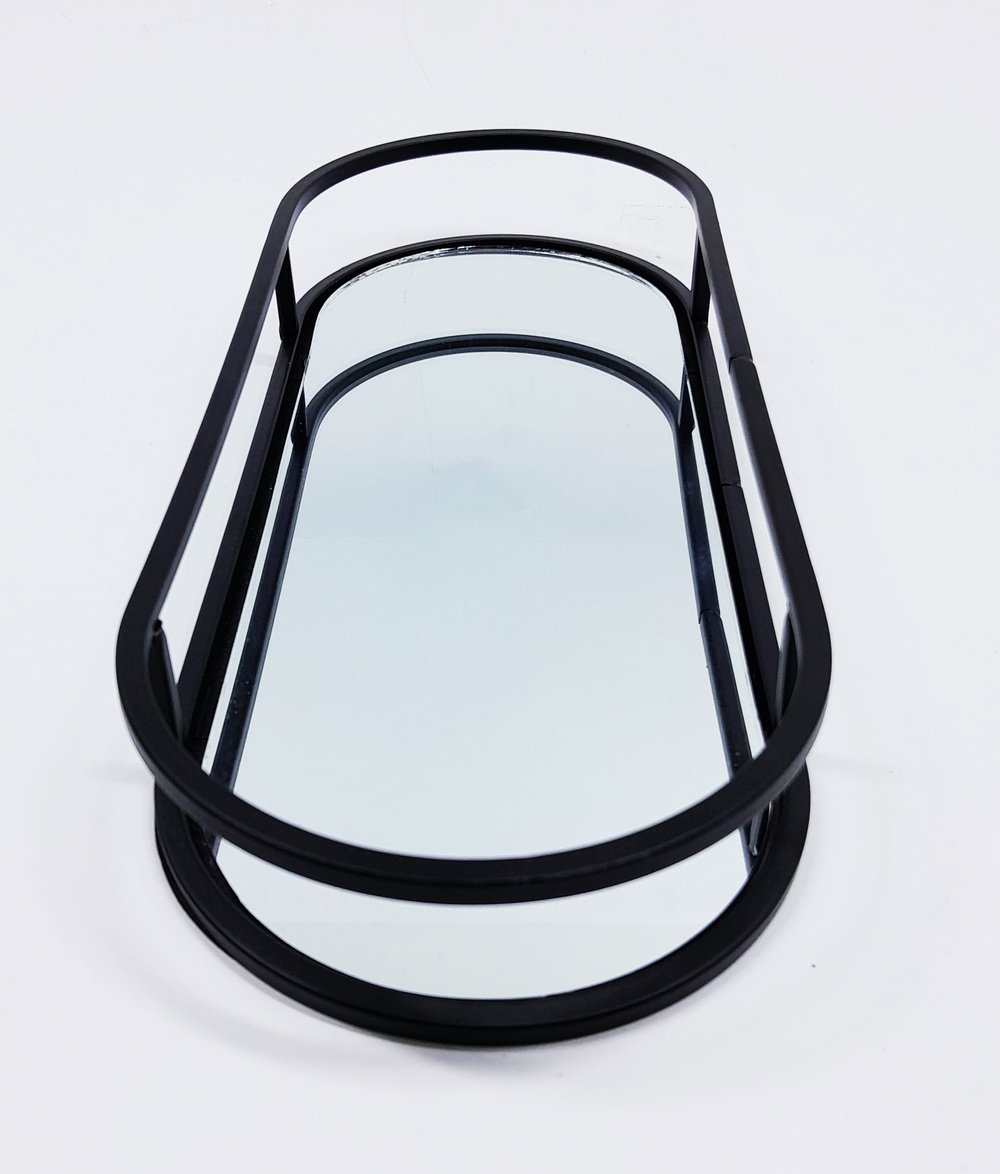 Bandeja Espelhada Oval Metal Preto Lavabo Multiuso 30x12cm