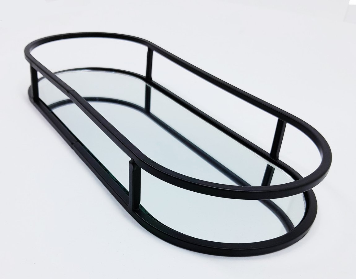 Bandeja Espelhada Oval Metal Preto Lavabo Multiuso 30x12cm