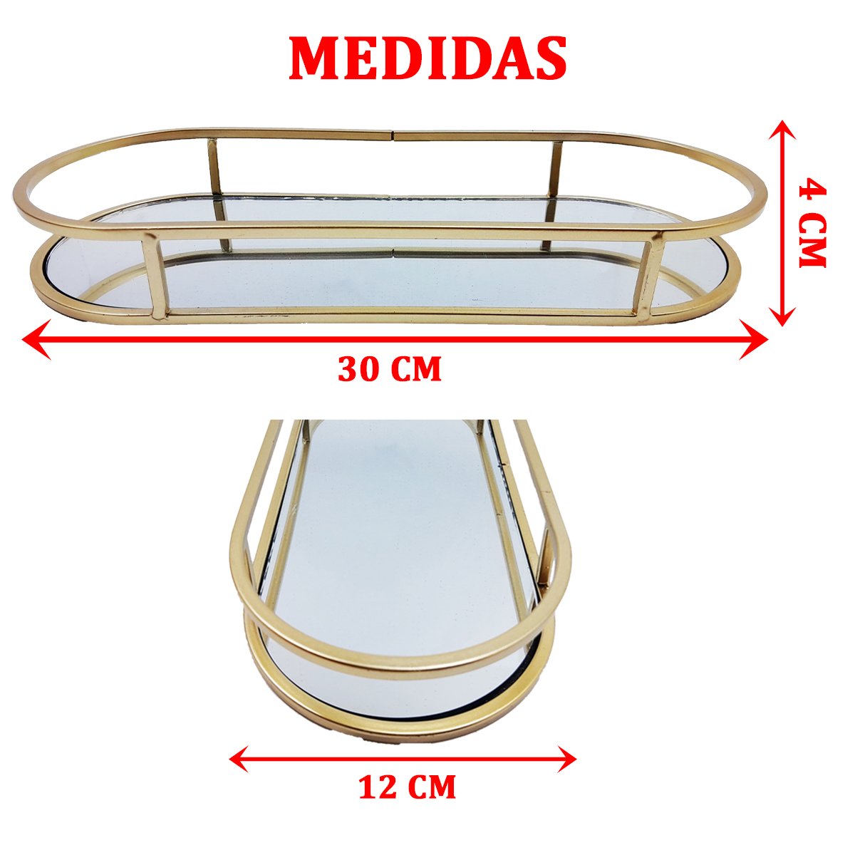 Bandeja Espelhada Oval Metal Preto Lavabo Multiuso 30x12cm