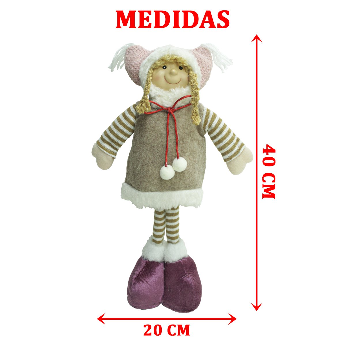 Boneca Decoração Menina Com Gorro Vestido Marrom Natal 40cm