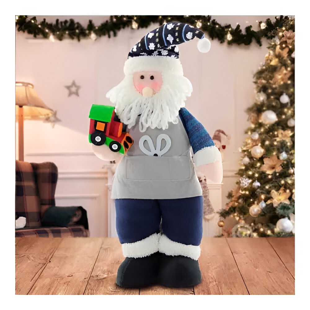 Boneco Decorativo Papai Noel Artesão Azul Com Brinquedo 53cm