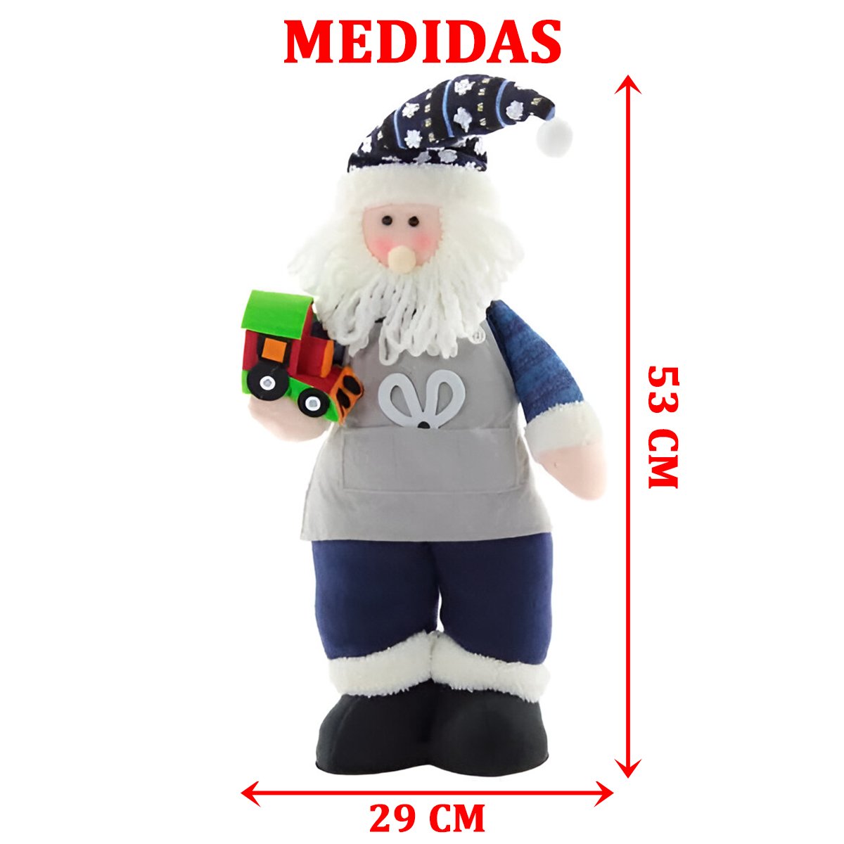 Boneco Decorativo Papai Noel Artesão Azul Com Brinquedo 53cm