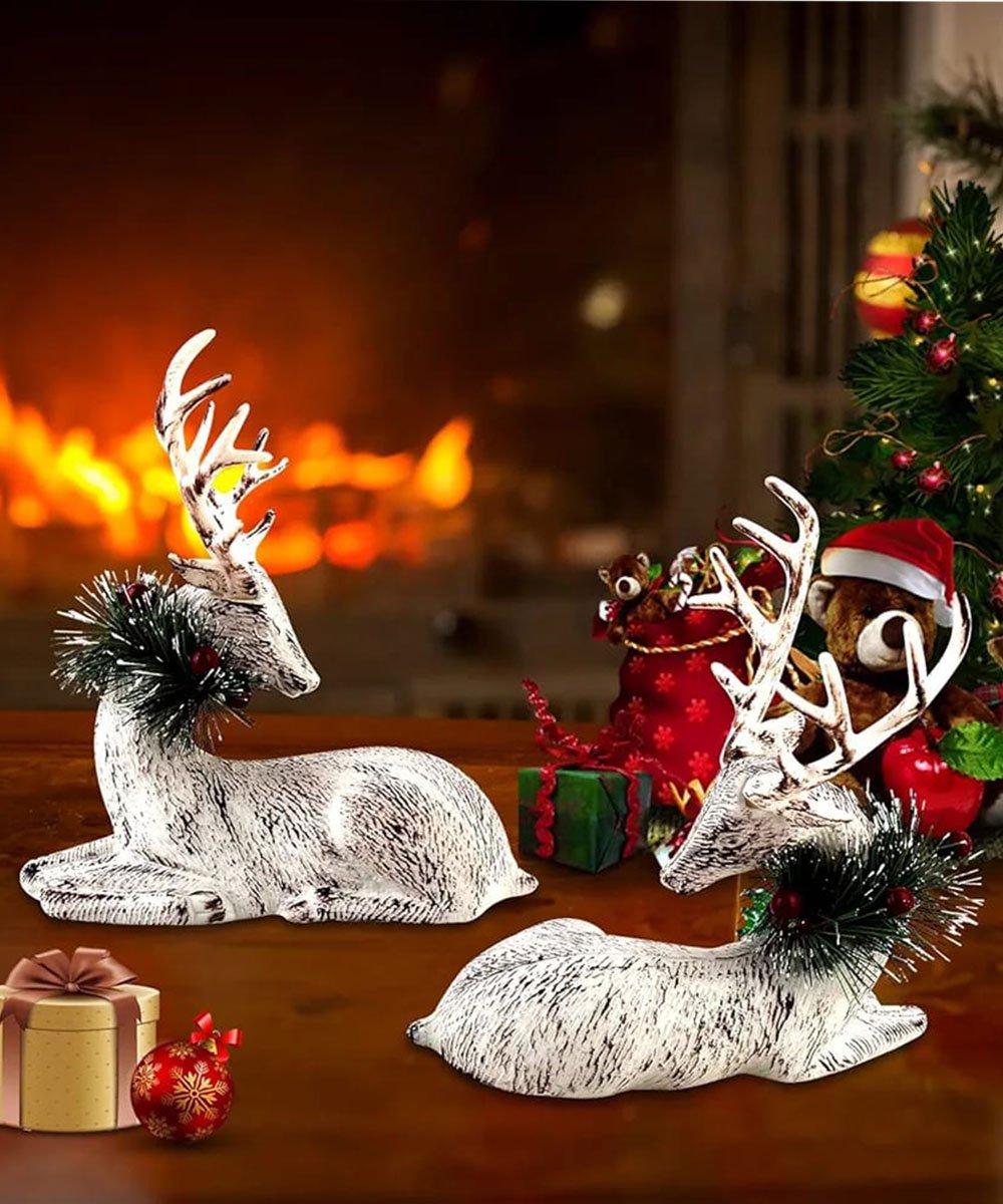 Boneco Decorativo Rena Branca Deitada Enfeite De Natal 20cm