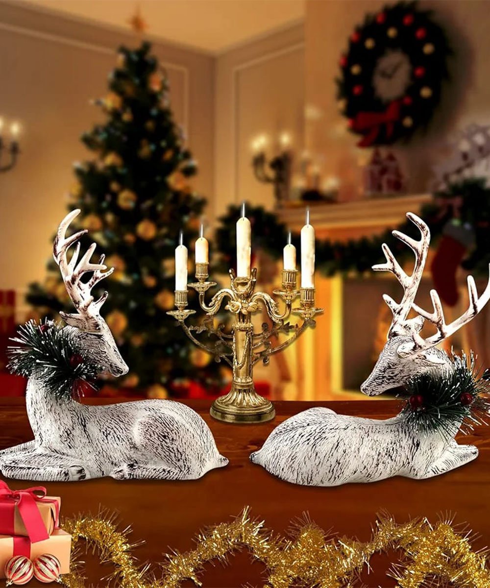 Boneco Decorativo Rena Branca Deitada Enfeite De Natal 20cm