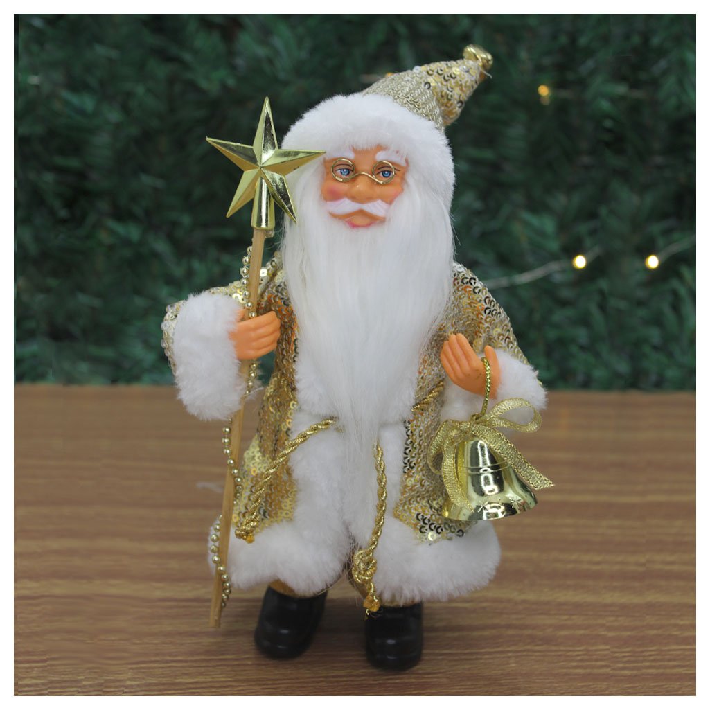 Boneco Natal Papai Noel Com Brilho Dourado Em Tecido 22cm
