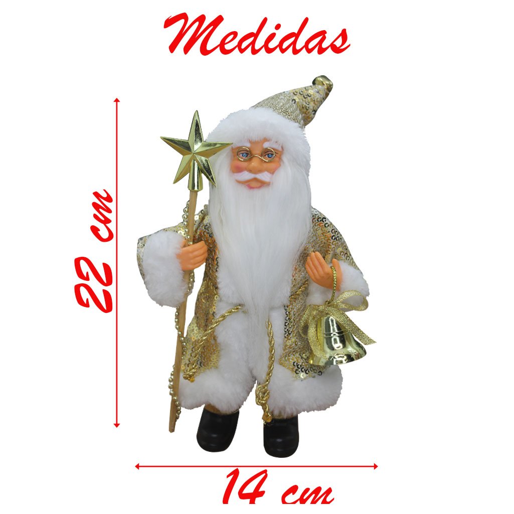 Boneco Natal Papai Noel Com Brilho Dourado Em Tecido 22cm