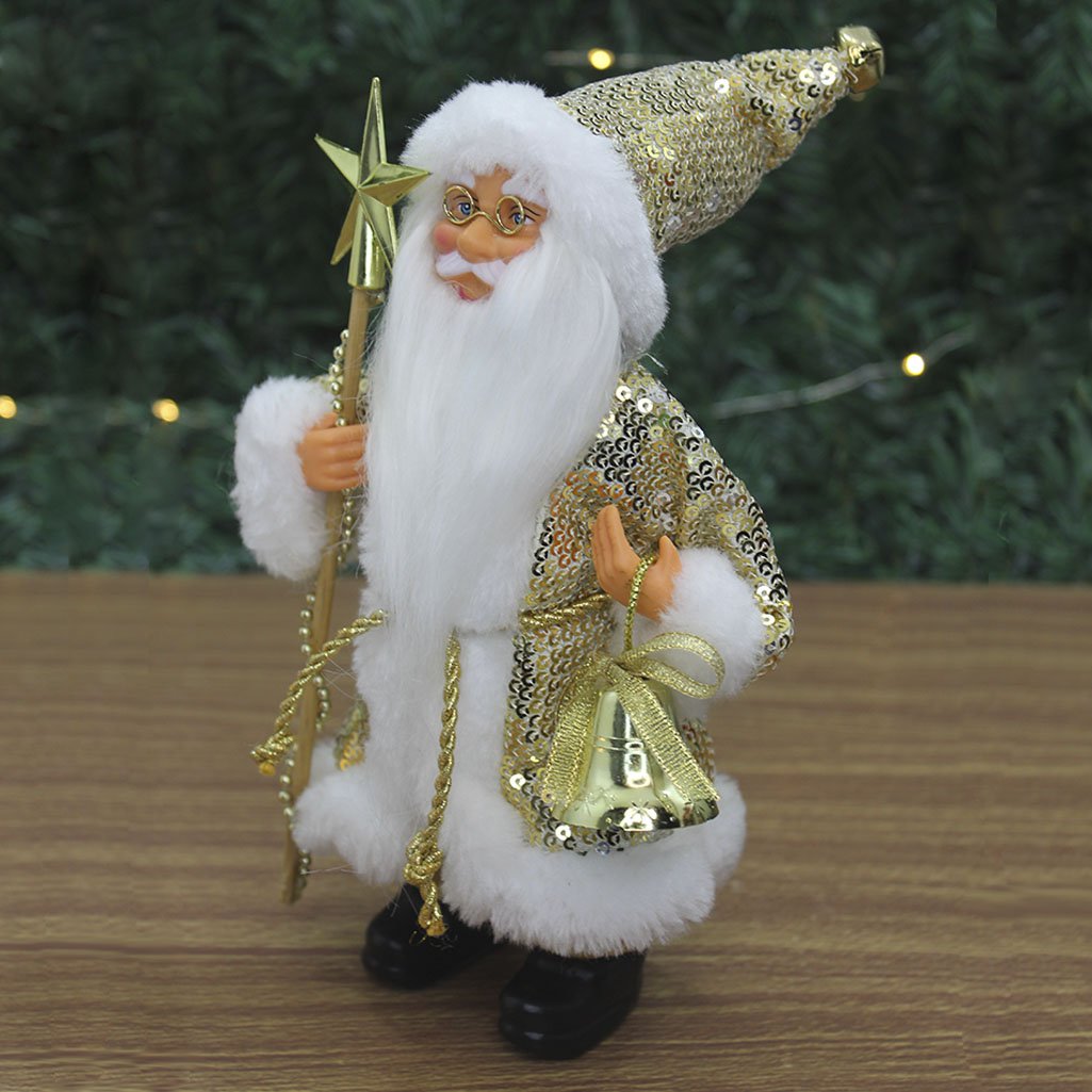 Boneco Natal Papai Noel Com Brilho Dourado Em Tecido 22cm