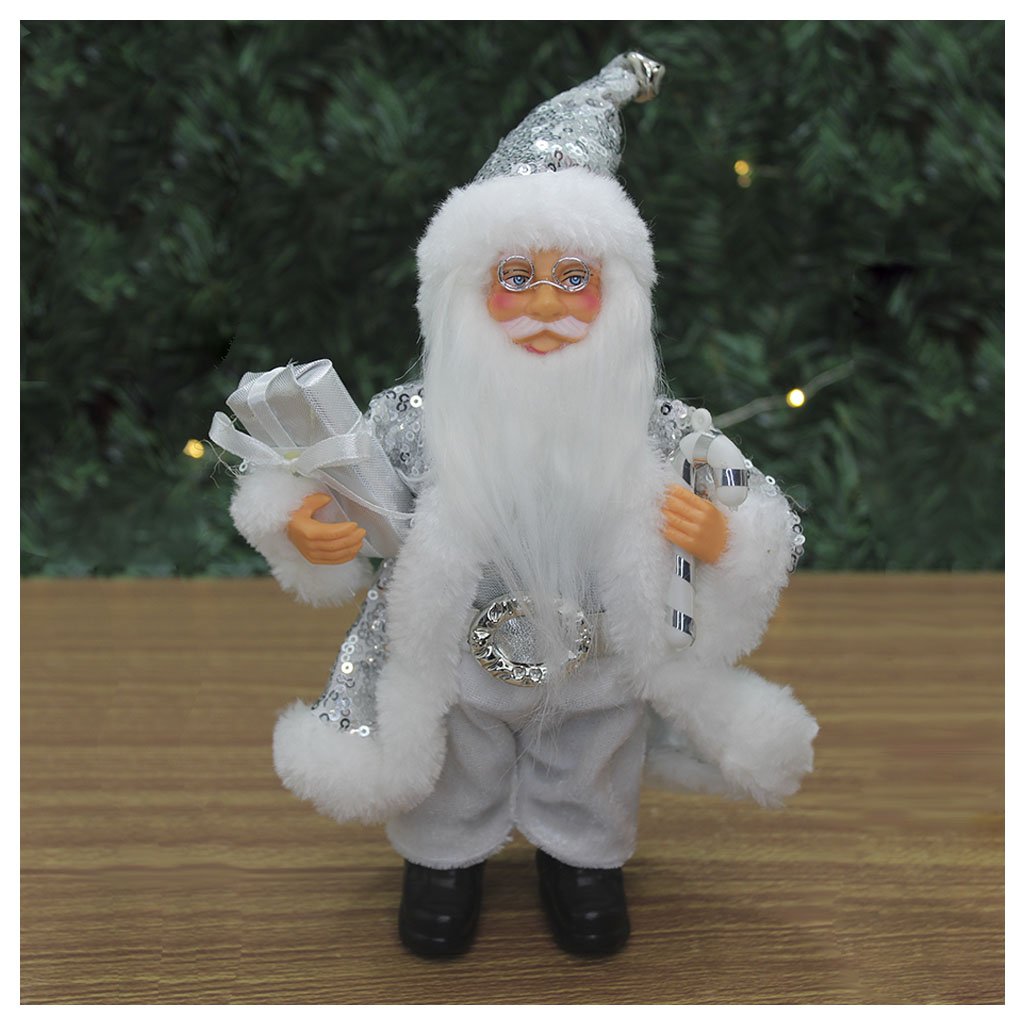 Boneco Natal Papai Noel Com Brilho Prata Em Tecido 22cm