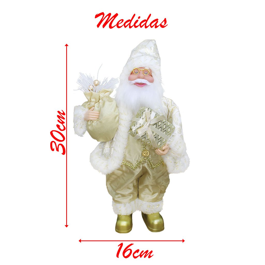Boneco Natal Papai Noel Com Presente Natalino Dourado 30cm