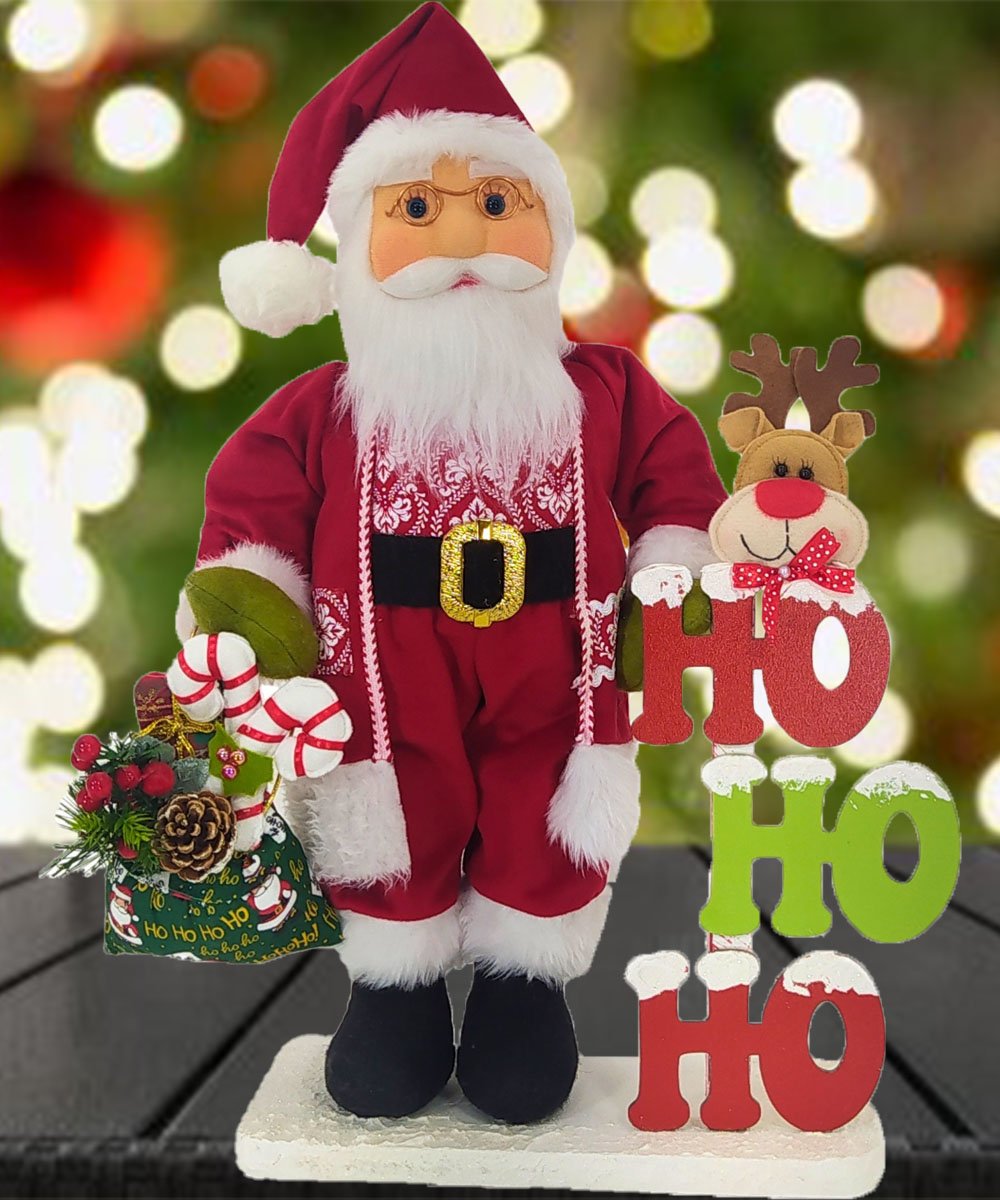 Boneco Natalino Papai Noel Ho Ho Ho Saco Com Presentes 55cm