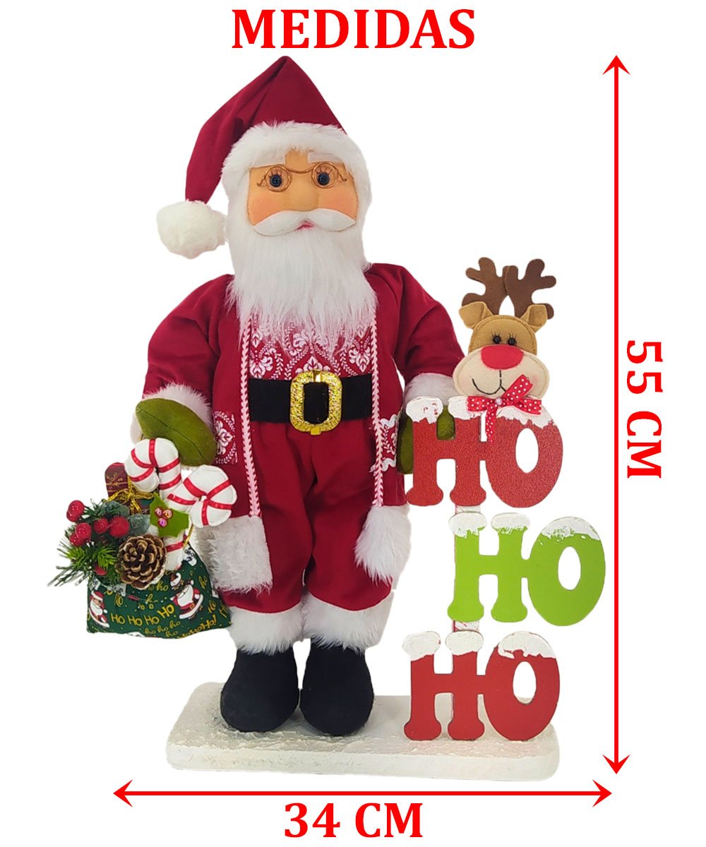 Boneco Natalino Papai Noel Ho Ho Ho Saco Com Presentes 55cm