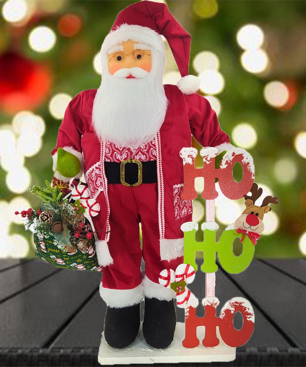 Boneco Natalino Papai Noel Ho Ho Ho Saco Com Presentes 90cm