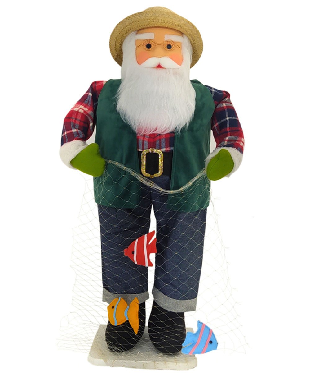 Boneco Natalino Papai Noel Pescador Pesca Rede Peixe De 83cm