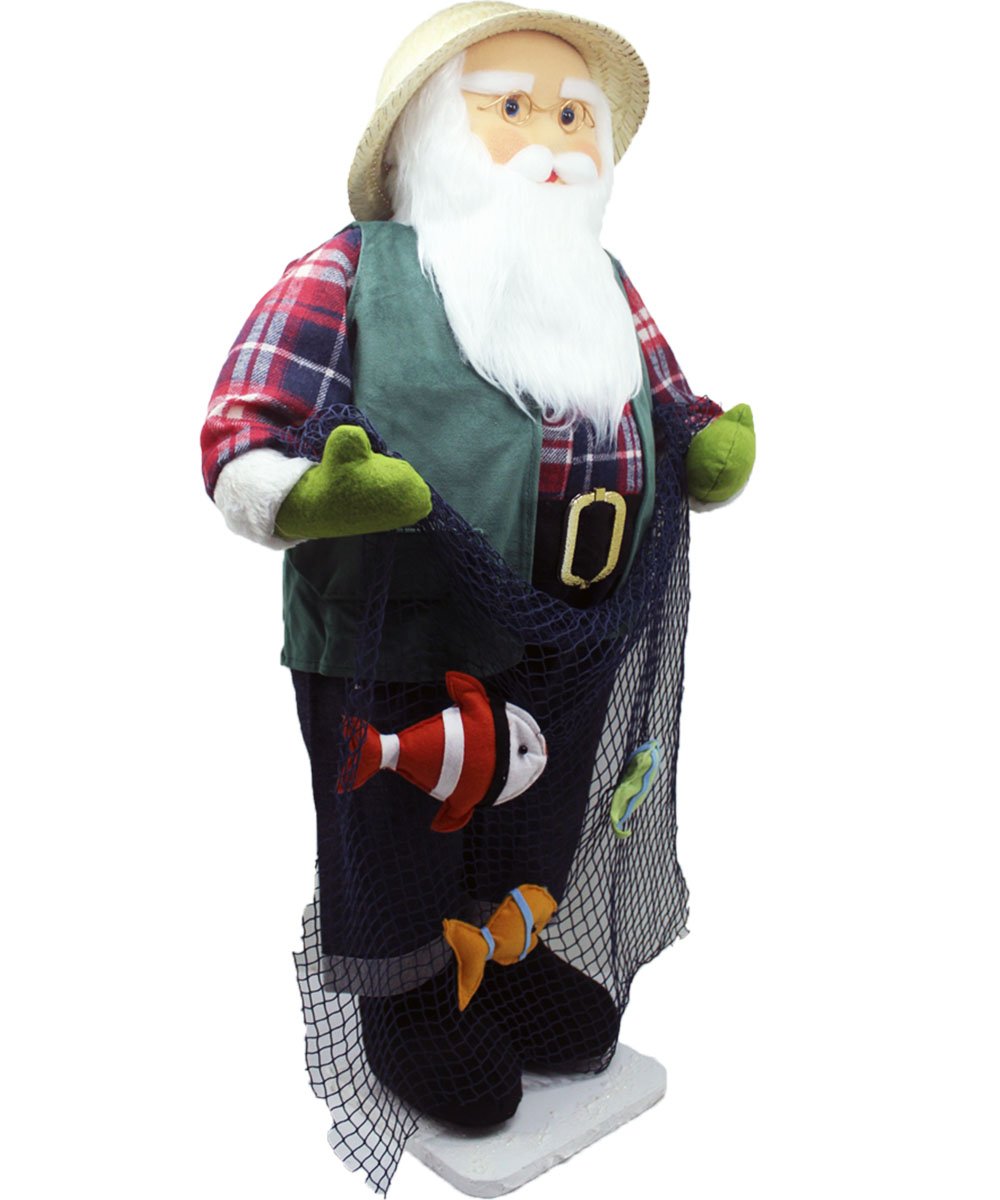 Boneco Natalino Papai Noel Pescador Pesca Rede Peixe De 83cm