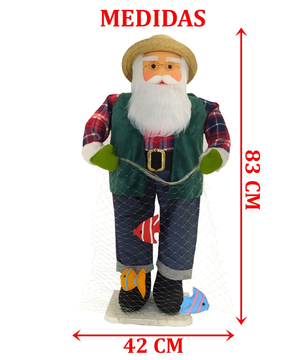 Boneco Natalino Papai Noel Pescador Pesca Rede Peixe De 83cm