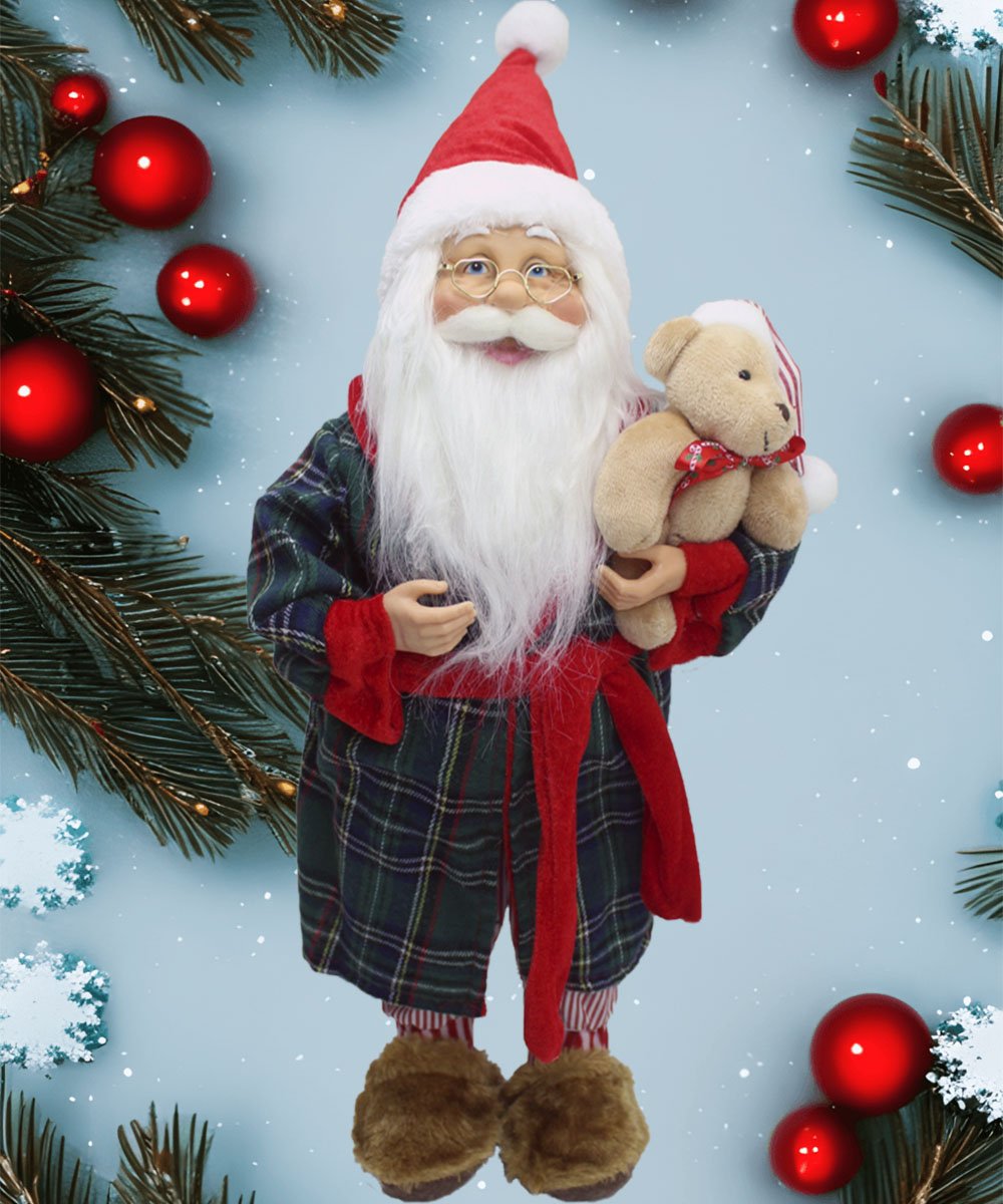Boneco Papai Noel Pijama Roupão Decoração Com Ursinho 50cm