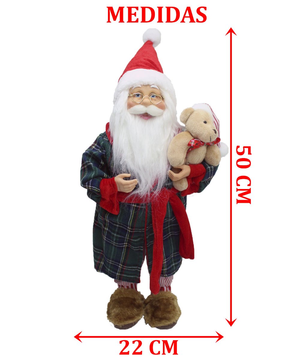 Boneco Papai Noel Pijama Roupão Decoração Com Ursinho 50cm
