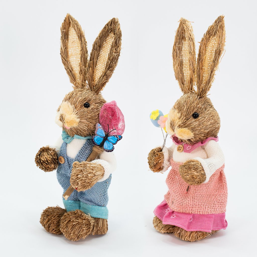 Casal De Coelhos De Páscoa Decoração Coelhinhos Caçadores 35cm