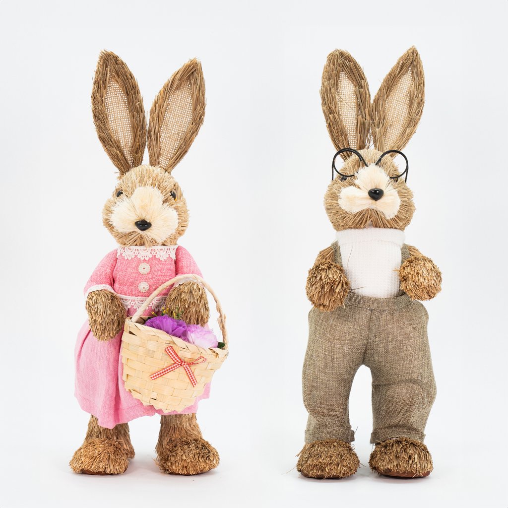 Casal De Coelhos De Páscoa Decoração Enfeite em Palha Coelhinhos 43cm