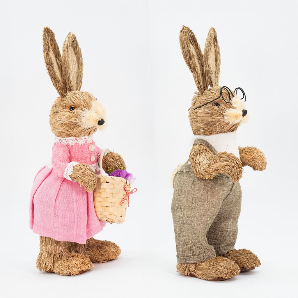 Casal De Coelhos De Páscoa Decoração Enfeite em Palha Coelhinhos 43cm