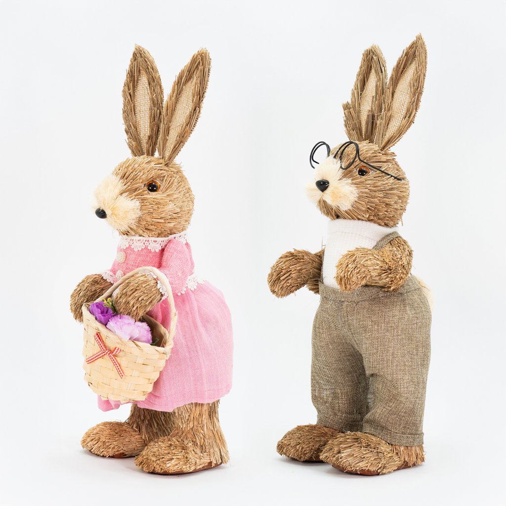 Casal De Coelhos De Páscoa Decoração Enfeite em Palha Coelhinhos 43cm