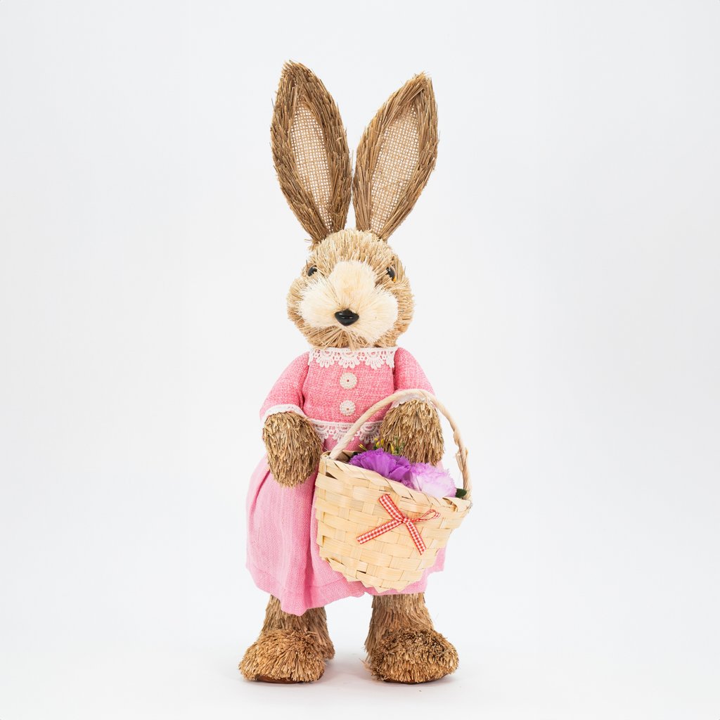 Casal De Coelhos De Páscoa Decoração Enfeite em Palha Coelhinhos 43cm
