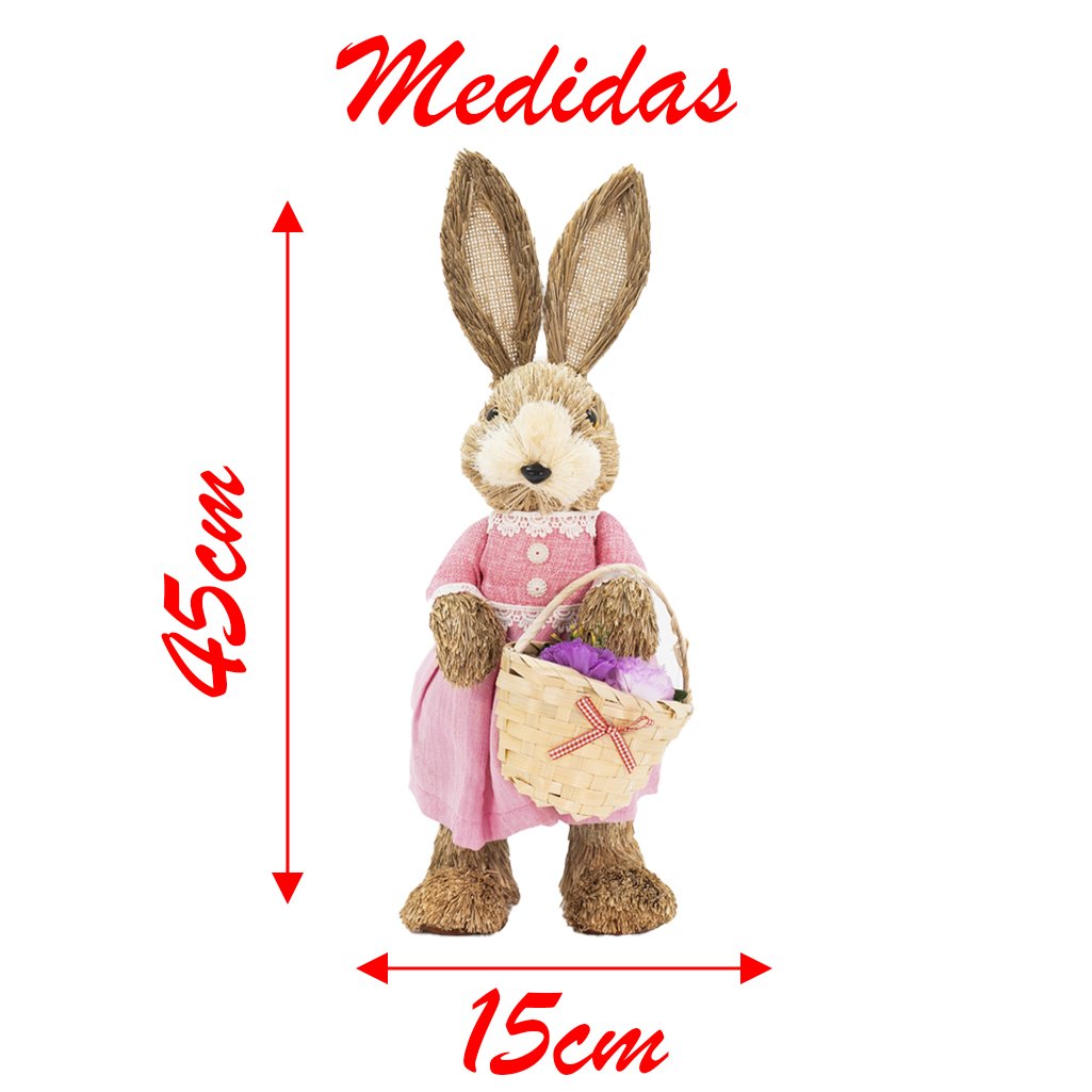 Casal De Coelhos De Páscoa Decoração Enfeite em Palha Coelhinhos 43cm
