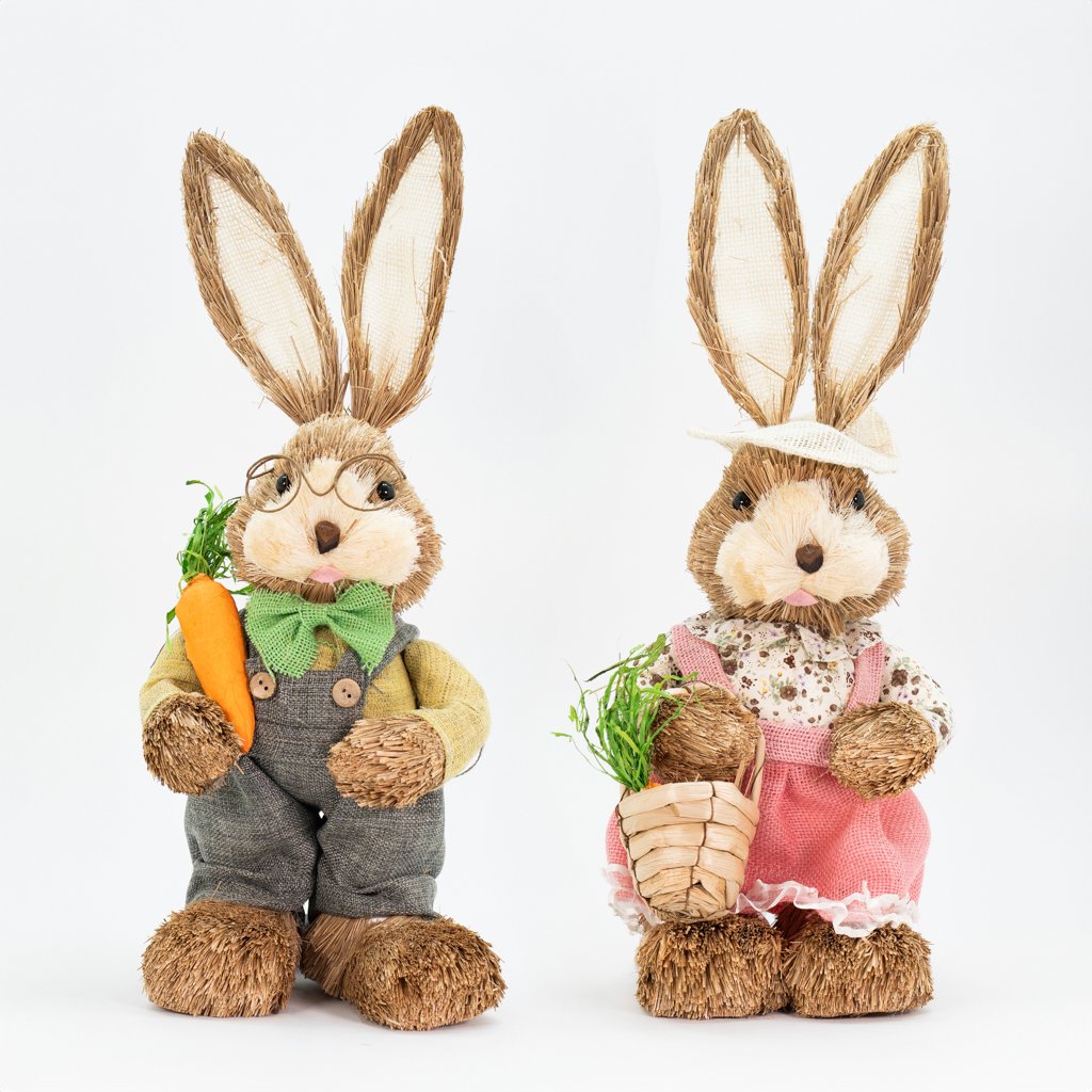 Casal De Coelhos De Páscoa Decoração Enfeite em Palha Coelhinhos 45cm
