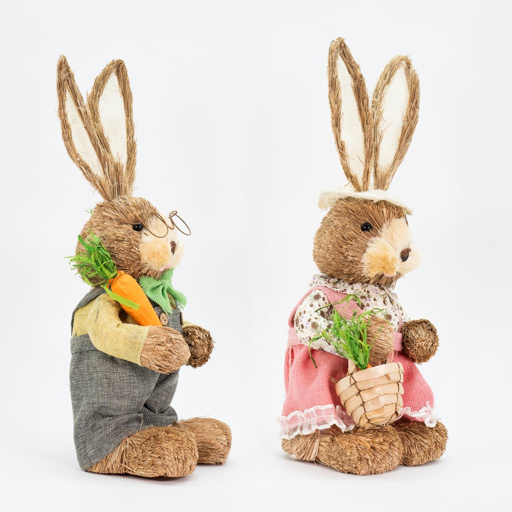 Casal De Coelhos De Páscoa Decoração Enfeite em Palha Coelhinhos 45cm