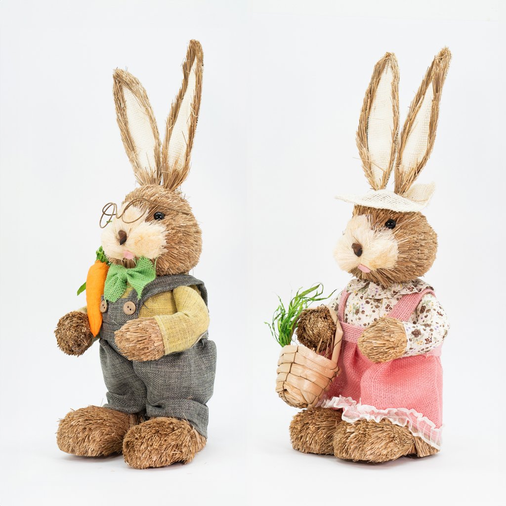 Casal De Coelhos De Páscoa Decoração Enfeite em Palha Coelhinhos 45cm