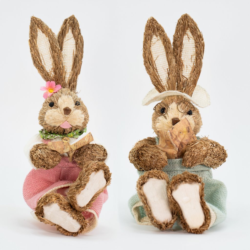 Casal De Coelhos De Páscoa Decoração em Palha Coelhinhos 30cm
