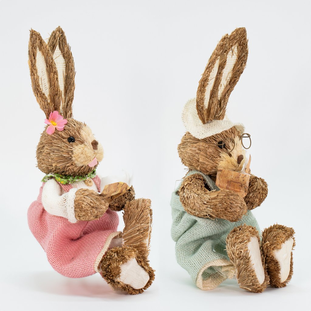 Casal De Coelhos De Páscoa Decoração em Palha Coelhinhos 30cm