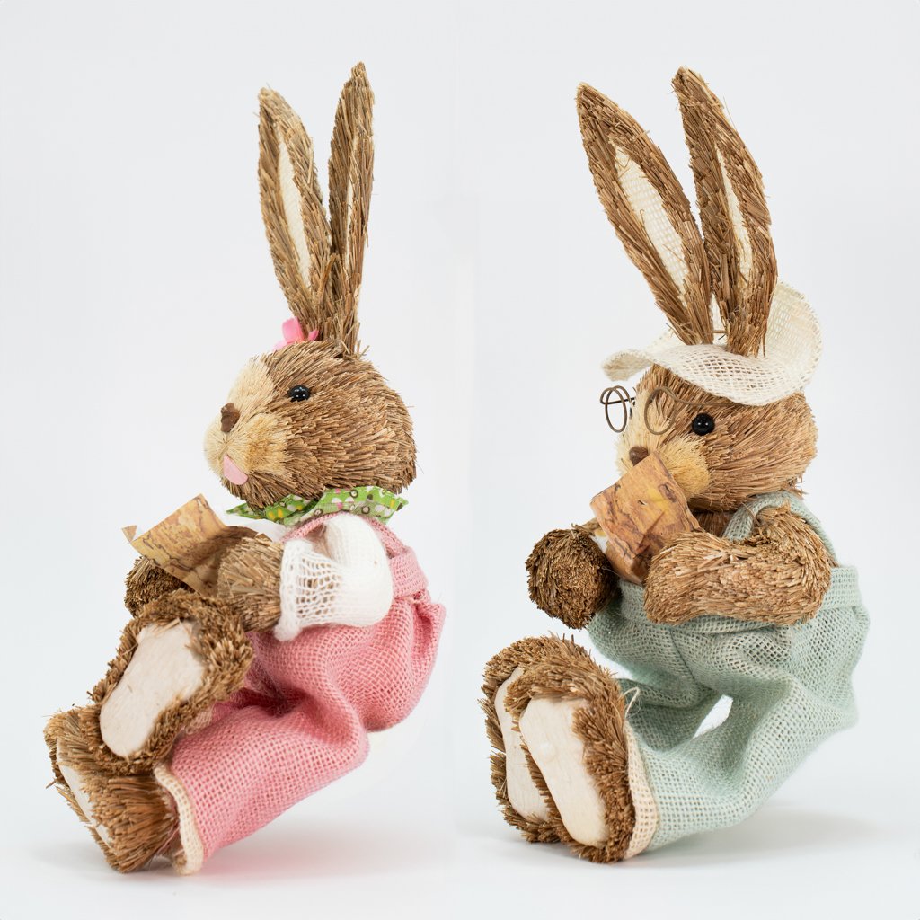 Casal De Coelhos De Páscoa Decoração em Palha Coelhinhos 30cm