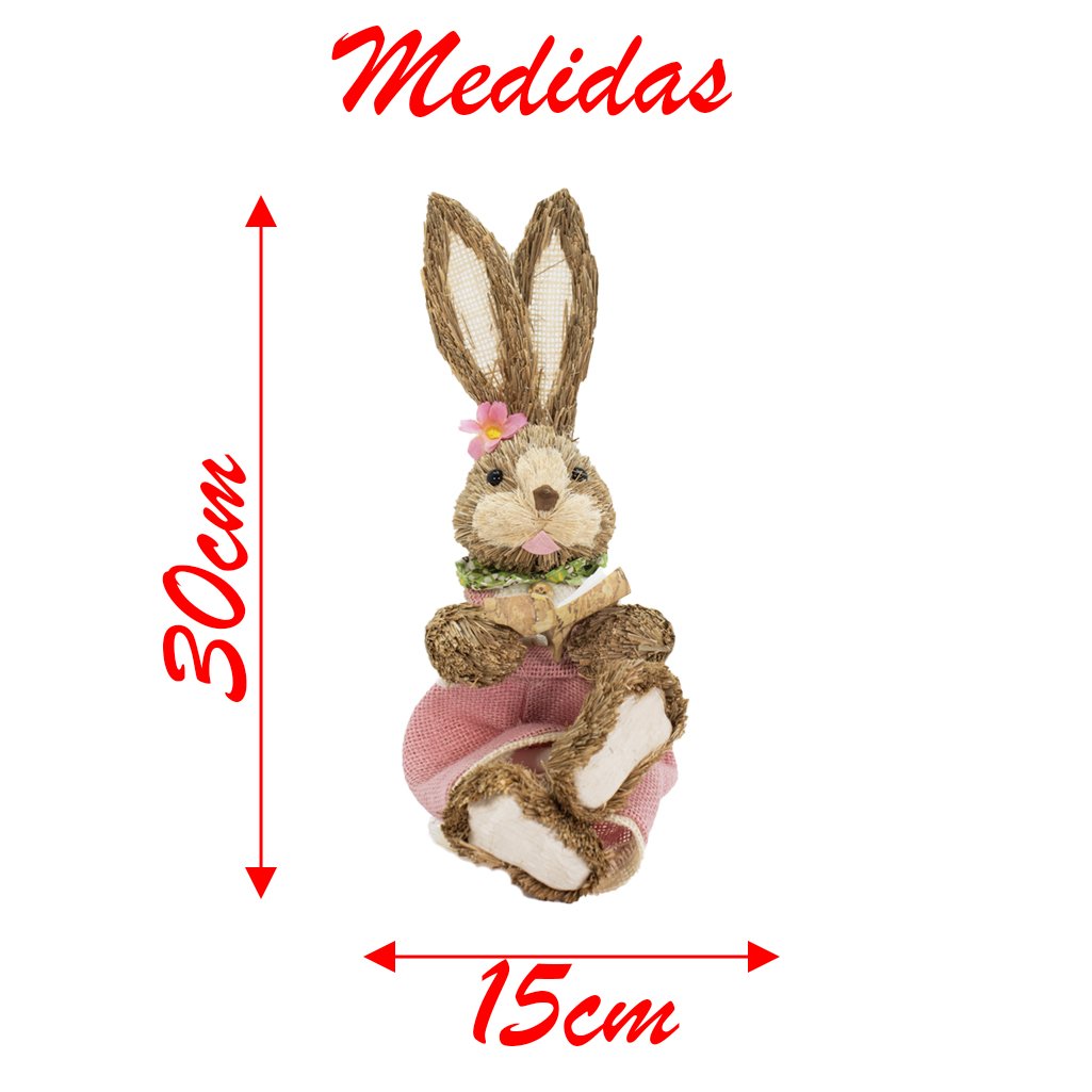 Casal De Coelhos De Páscoa Decoração em Palha Coelhinhos 30cm