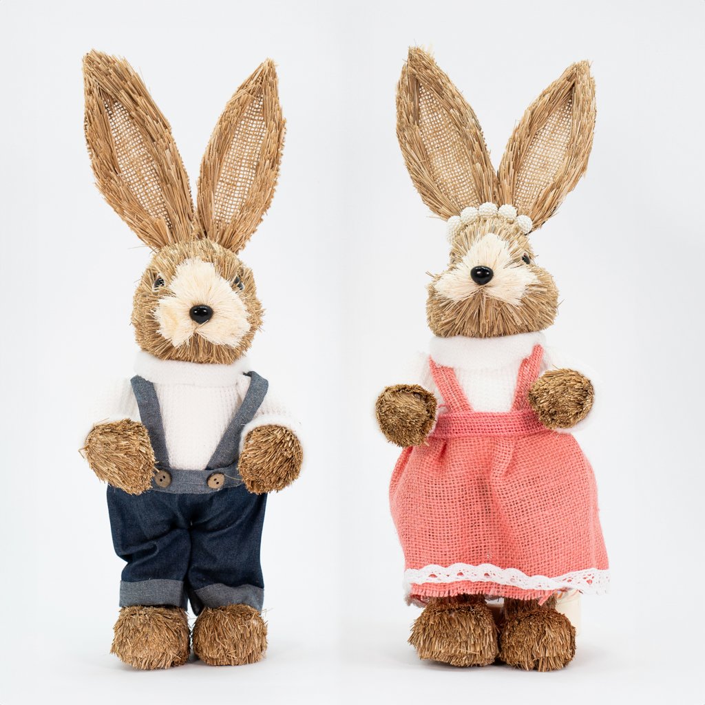 Casal De Coelhos De Páscoa Decoração em Palha Coelhinhos 39cm