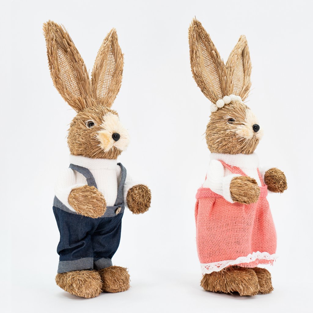 Casal De Coelhos De Páscoa Decoração em Palha Coelhinhos 39cm