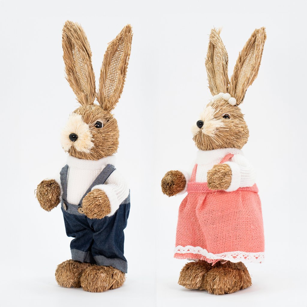 Casal De Coelhos De Páscoa Decoração em Palha Coelhinhos 39cm