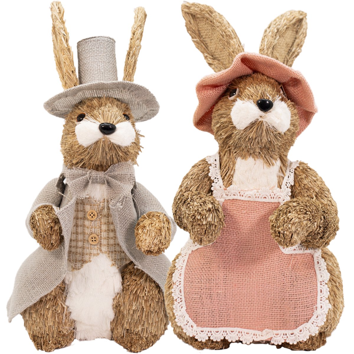 Casal De Coelhos De Páscoa Rústico Decoração Artesanal Palha