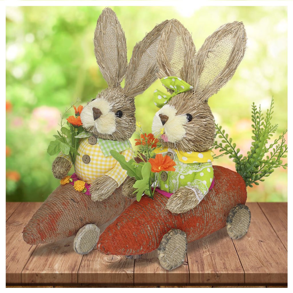 Casal De Coelhos De Palha Páscoa Com Carro De Cenoura Decoração 33cm