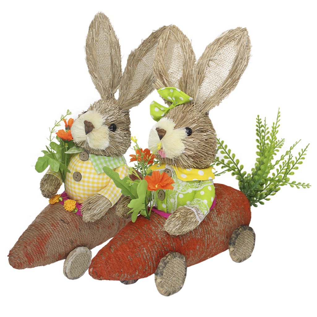 Casal De Coelhos De Palha Páscoa Com Carro De Cenoura Decoração 33cm