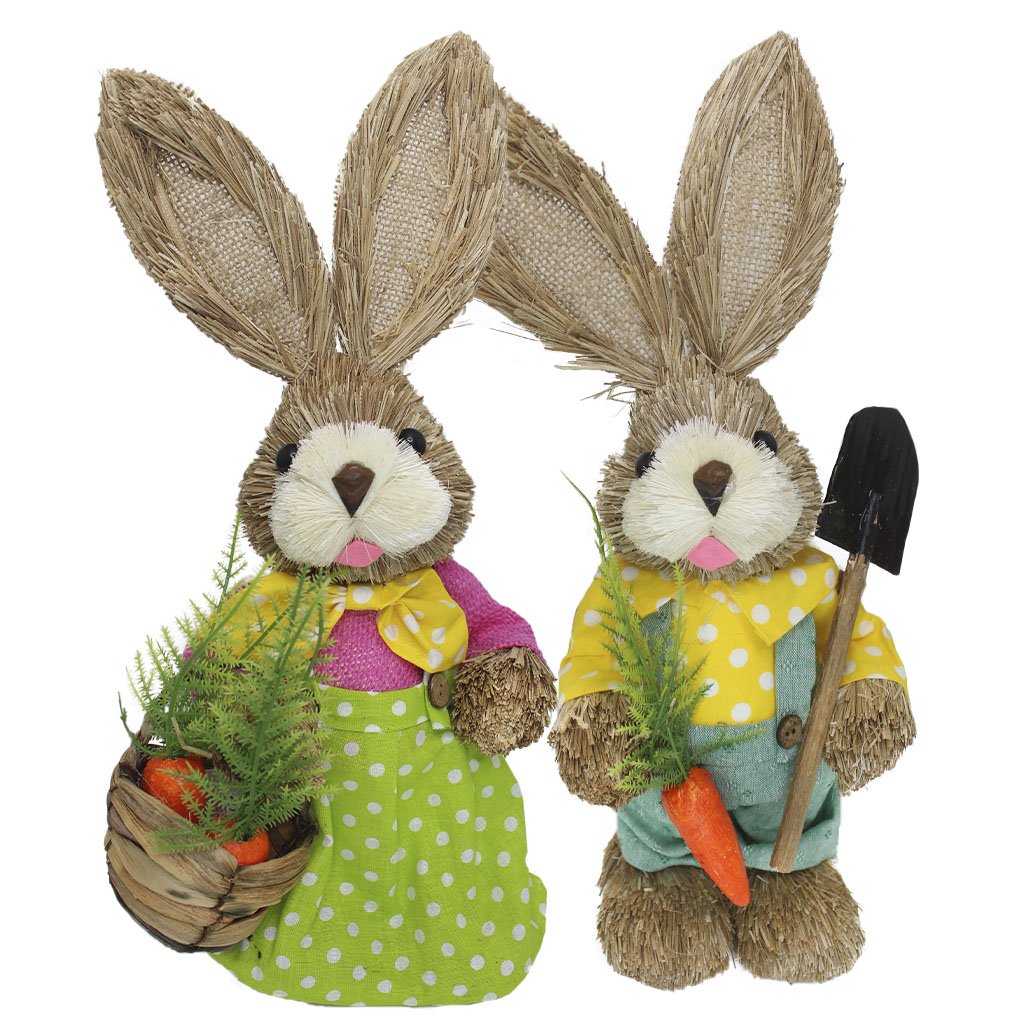 Casal De Coelhos De Palha Páscoa Decoração Enfeite Coelhinhos 34cm