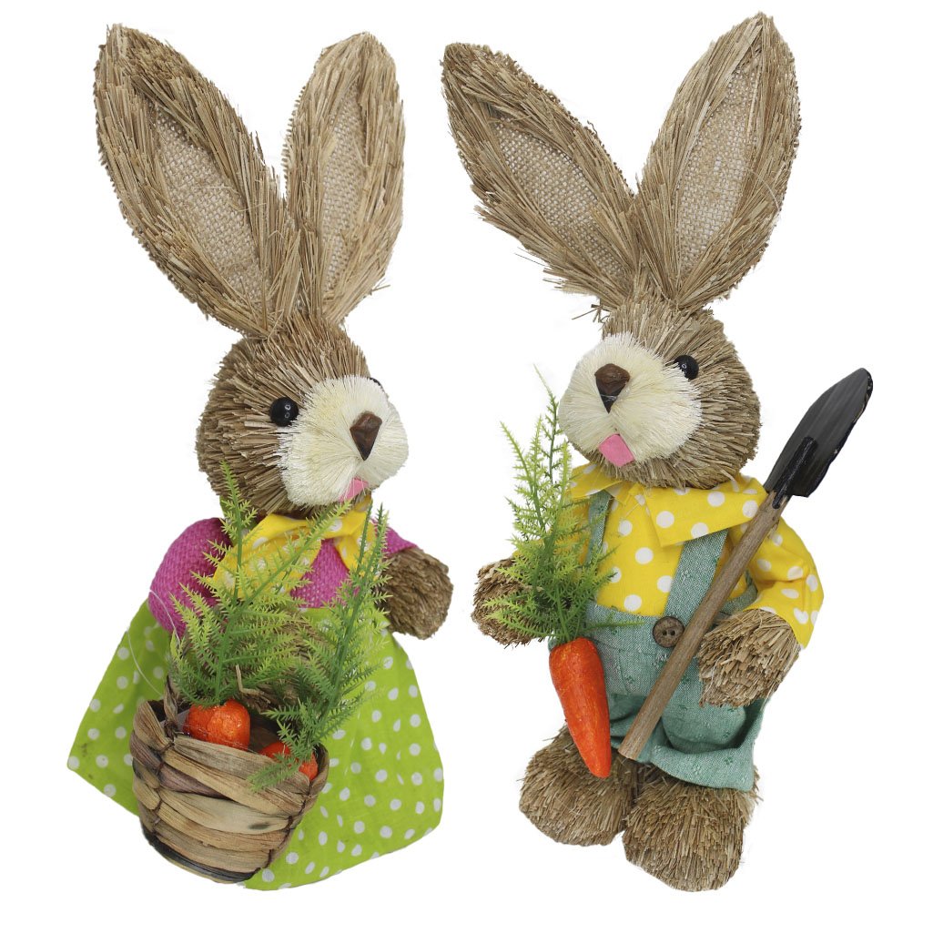 Casal De Coelhos De Palha Páscoa Decoração Enfeite Coelhinhos 34cm