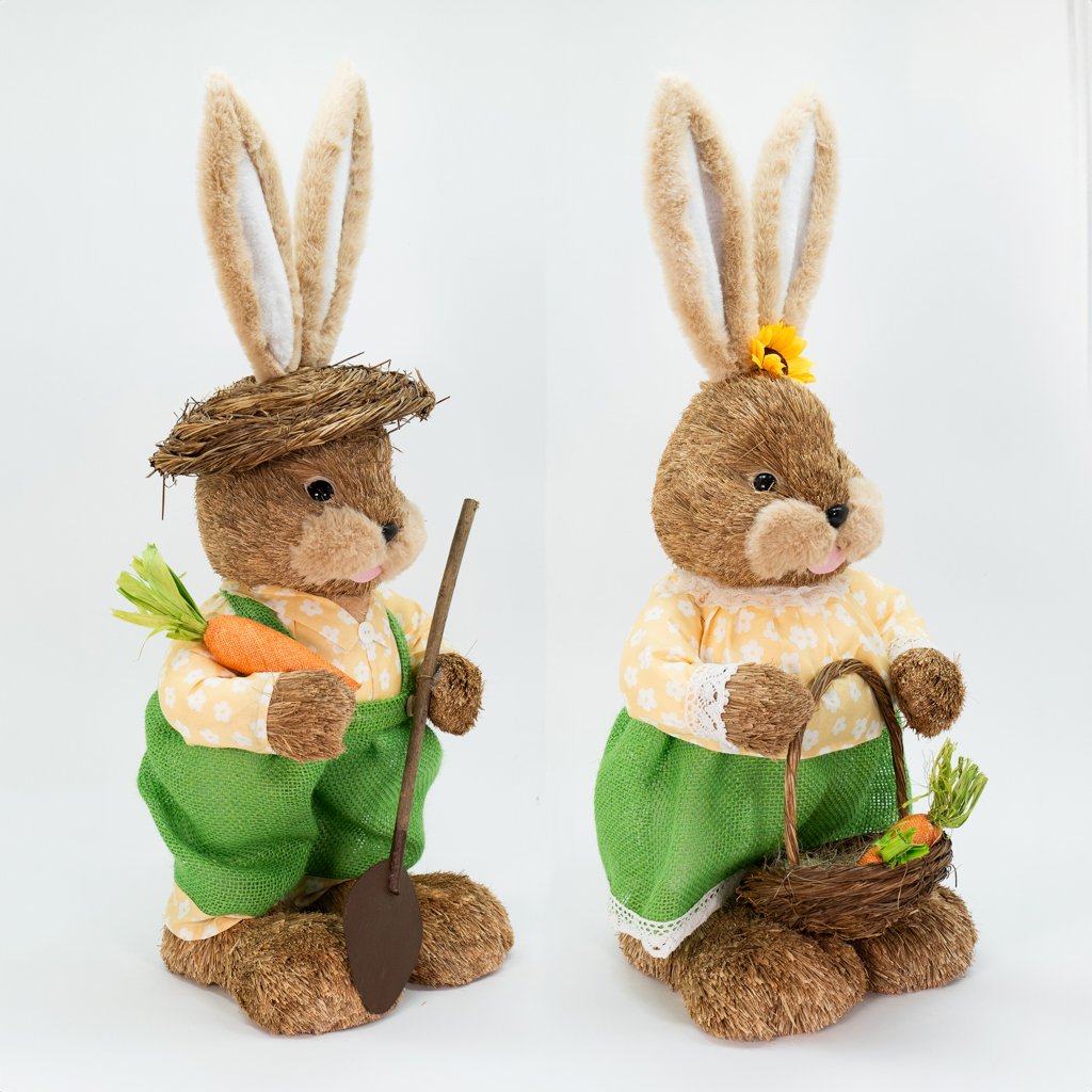 Casal De Coelhos Páscoa Decoração Coelhinhos Jardineiros 63cm